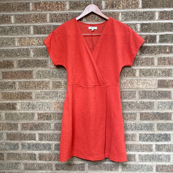 madewell short sleeve wrap dress Linen-Blend Ruffle-Sleeve Wrap Midi Dress